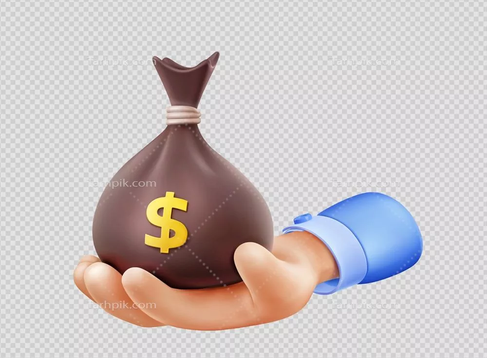 وکتور سه بعدی: دستHolding کیسه پول با اسکناس های دلار در دنیای مجازی