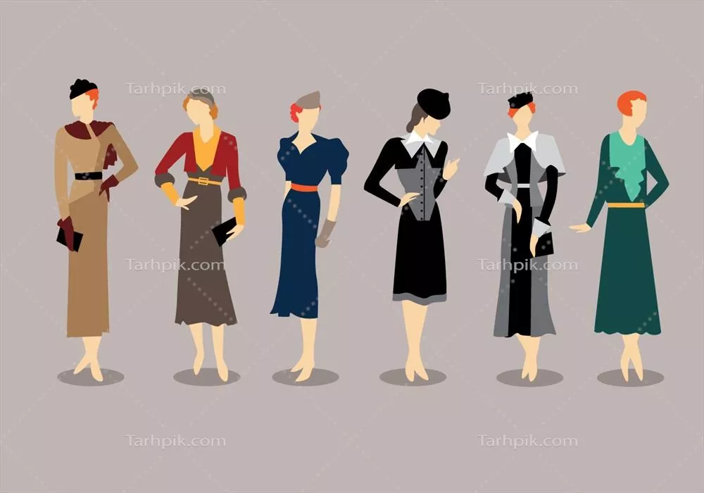 وکتور مدلهای کلاسیک و لباسهای قدیمی دهه 1930: زیبایی و جذابیت در فشن