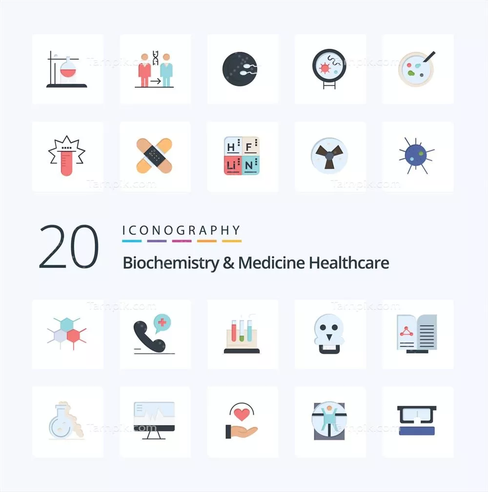 وکتور پک آیکون فلت رنگی پزشکی و بیوشیمی شامل 20 آیکون مخصوص حوزه بهداشت و درمان