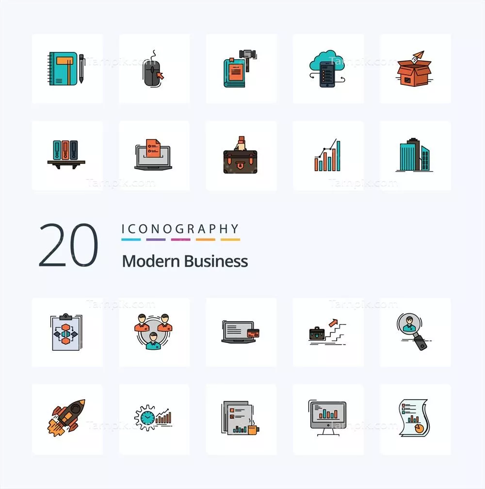 وکتور بسته آیکون رنگی پرشده در زمینه کسب و کار مدرن با 20 آیکون منحصر به فرد