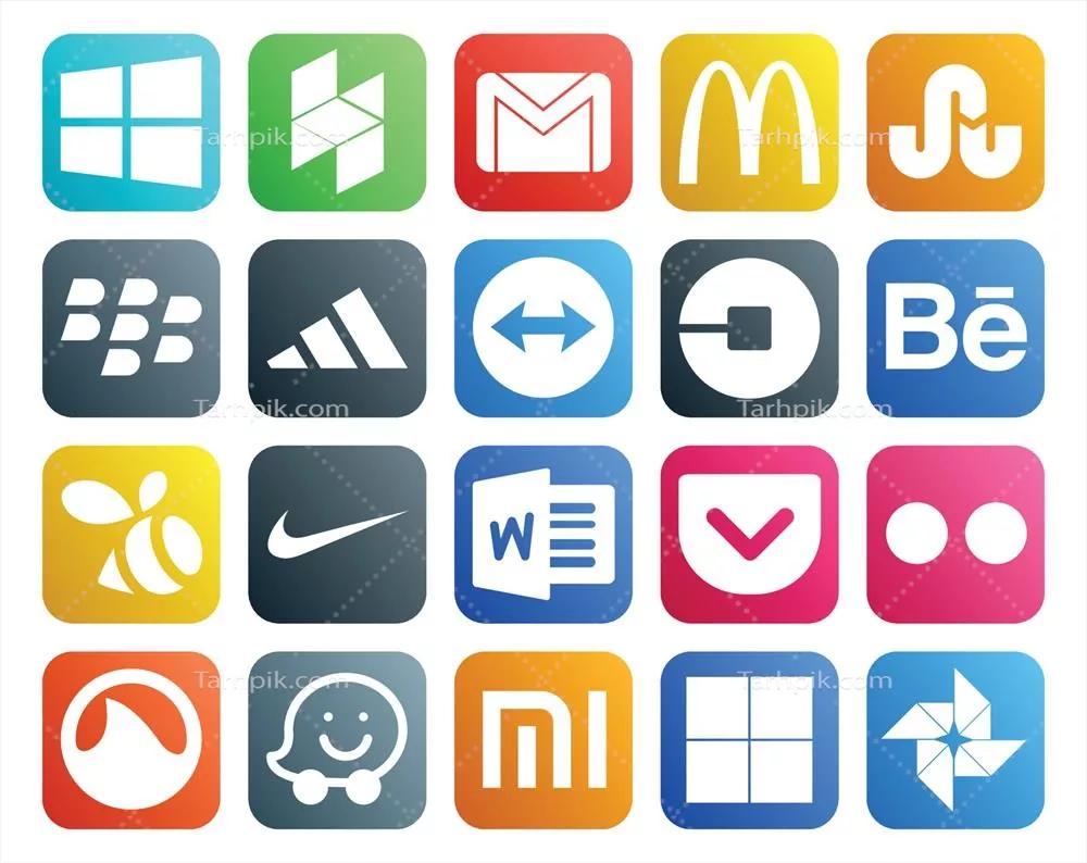 وکتور بسته آیکون های شبکه های اجتماعی شامل نایک، آدیداس و سوام - ۲۰ آیکون