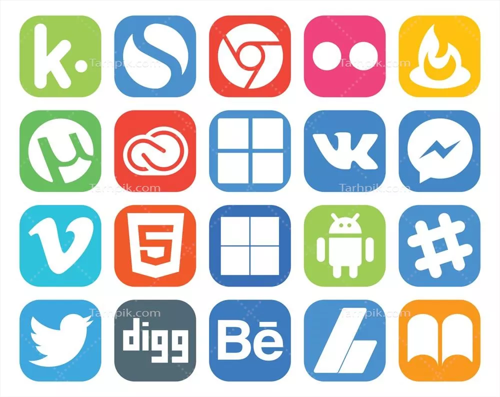 وکتور بسته آیکون‌های شبکه اجتماعی شامل ۲۰ آیکون از جمله Slack، Delicious و Adobe
