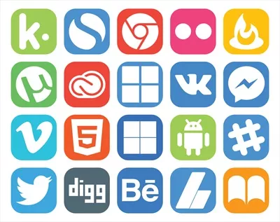 وکتور بسته آیکون‌های شبکه اجتماعی شامل ۲۰ آیکون از جمله Slack، Delicious و Adobe