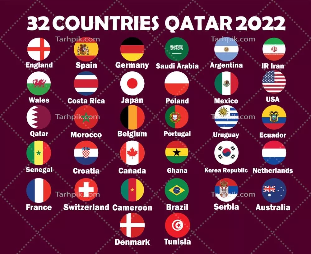 وکتور طراحی نماد و نشان پرچم 32 کشور با نامهای مربوط به فوتبال