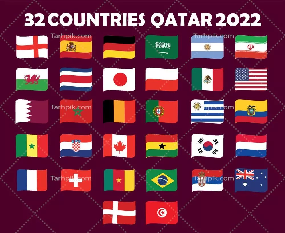 وکتور طراحی نماد روبان پرچم ۳۲ کشور برای مسابقه نهایی فوتبال