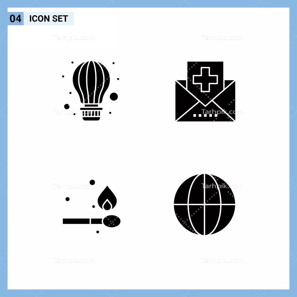 وکتور چهار آیکون خلاق مدرن: نمادها و علامت‌های مرتبط با کمپینگ و هوای گرم