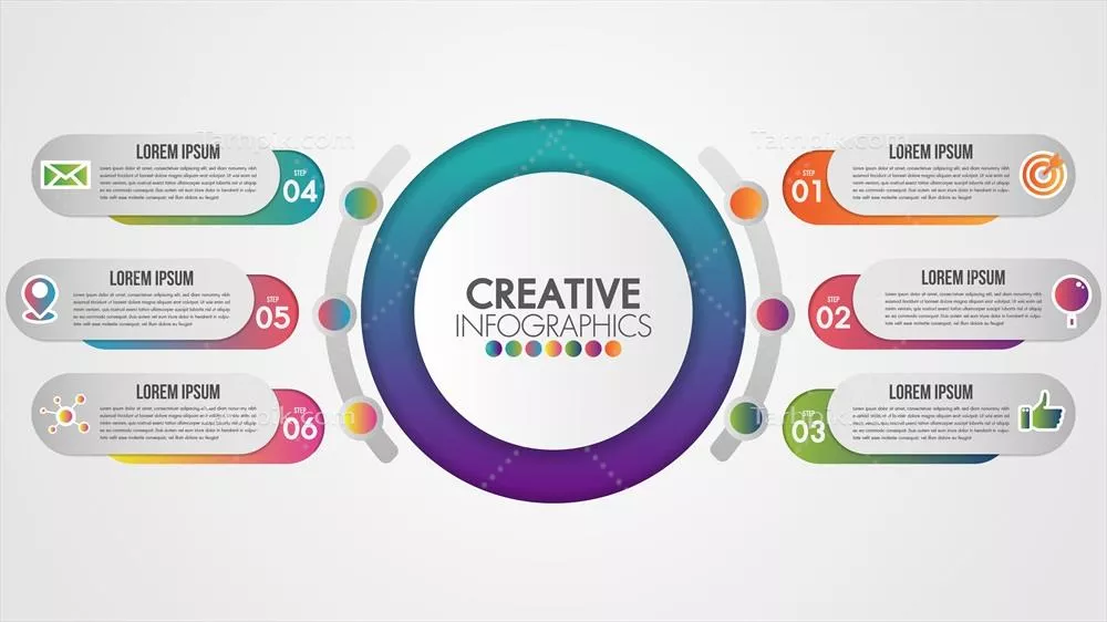 وکتور الگوی گزارش 6 مرحله ای با نمادهای صنعتی و طراحی دایره ای برای ارائه اطلاعات