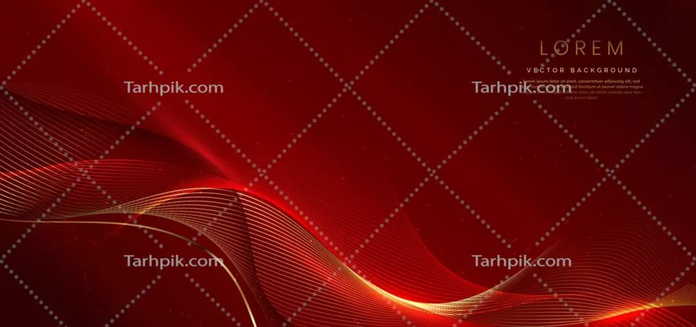 وکتور موج خطوط انتزاعی سه بعدی طلایی و قرمز بر روی زمینه قرمز