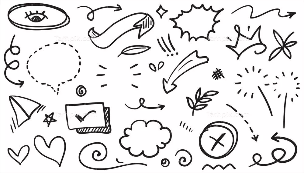 وکتور تصاویر انتزاعی شامل پیکانها، روبانها، تاجها، قلبها و انفجارها