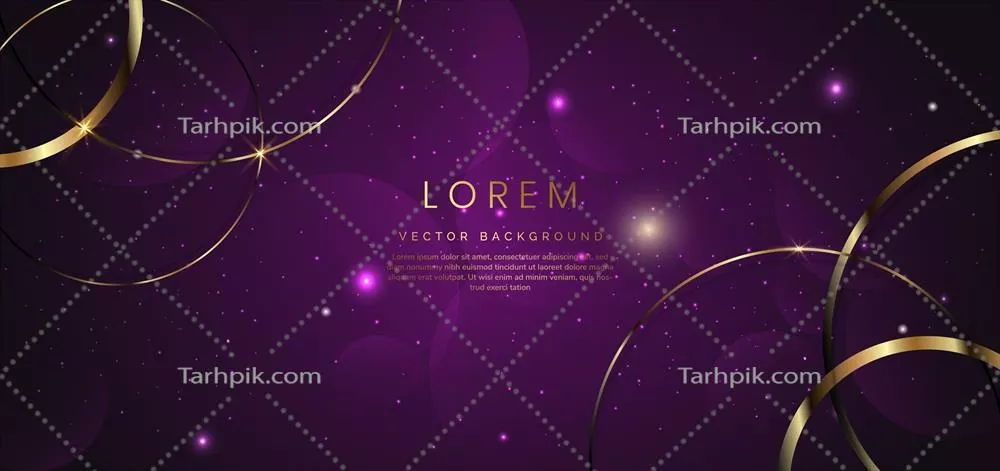 وکتور الگوهای انتزاعی: دایرههای طلایی و خطوط همپوشان روی پسزمینه بنفش