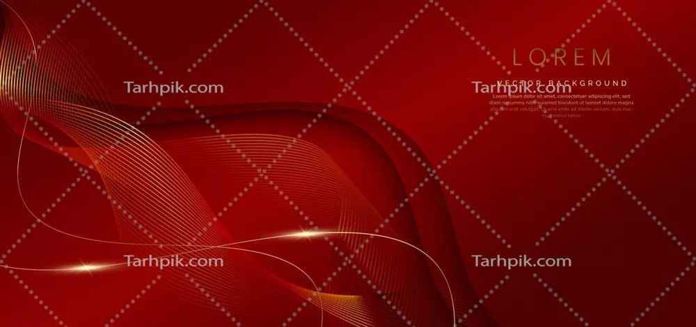 وکتور طراحی انتزاعی لوکس با خطوط طلایی منحنی و تداخل بر روی قرمز تیره
