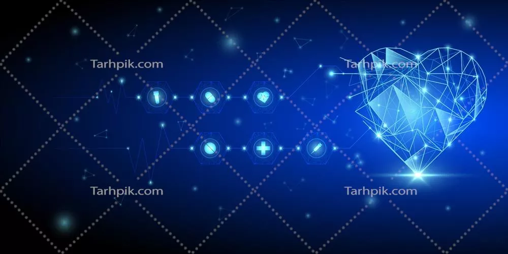 وکتور پسزمینه انتزاعی فناوری و بهداشت با قلب چندوجهی درخشان و نمادهای بیمارستانی
