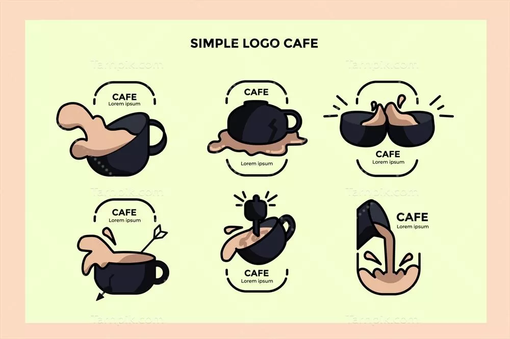 وکتور مجموعه لوگوهای فنجان قهوه ترکیده و ریخته شده با طراحی‌های جذاب