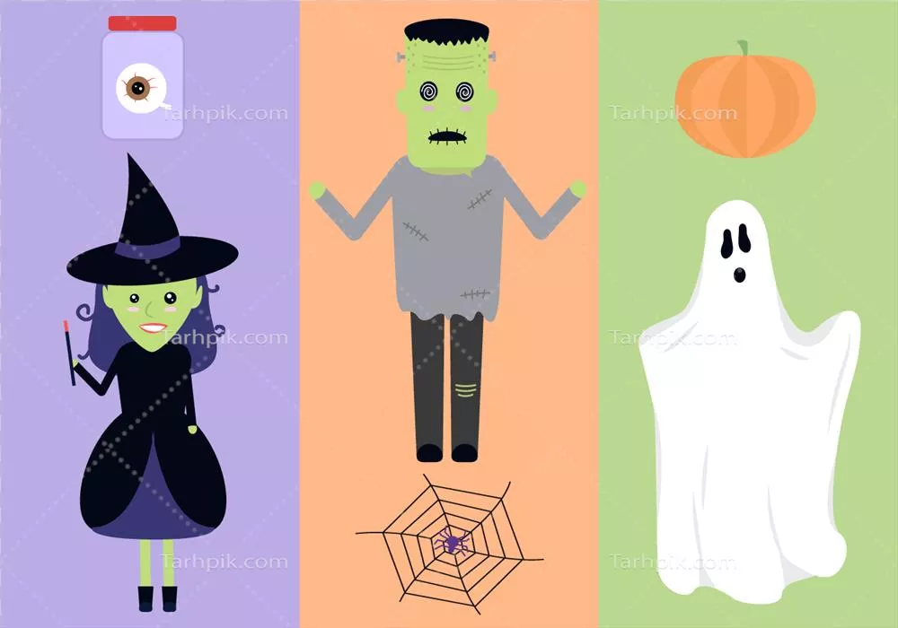 تصویر وکتوری از عناصر هالوین شامل لباسها، کدوهای تنبل و تارهای عنکبوت