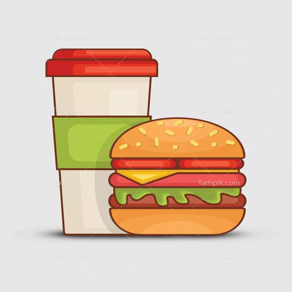 وکتور همبرگر و یک فنجان قهوه در کنار یکدیگر قرار دارند