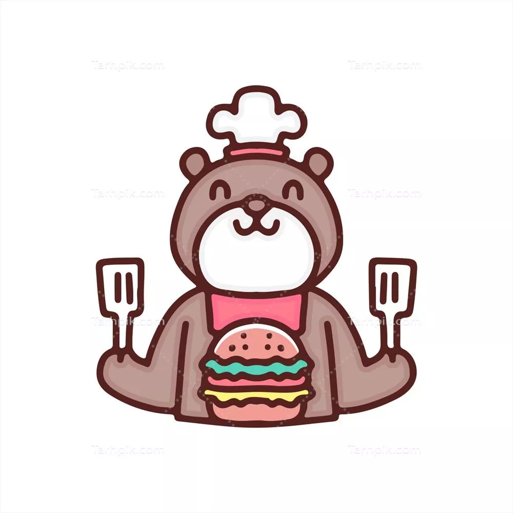 وکتور تصویر یک خرس سرآشپز دوستداشتنی با اسپاتولا و برگر در دستانش