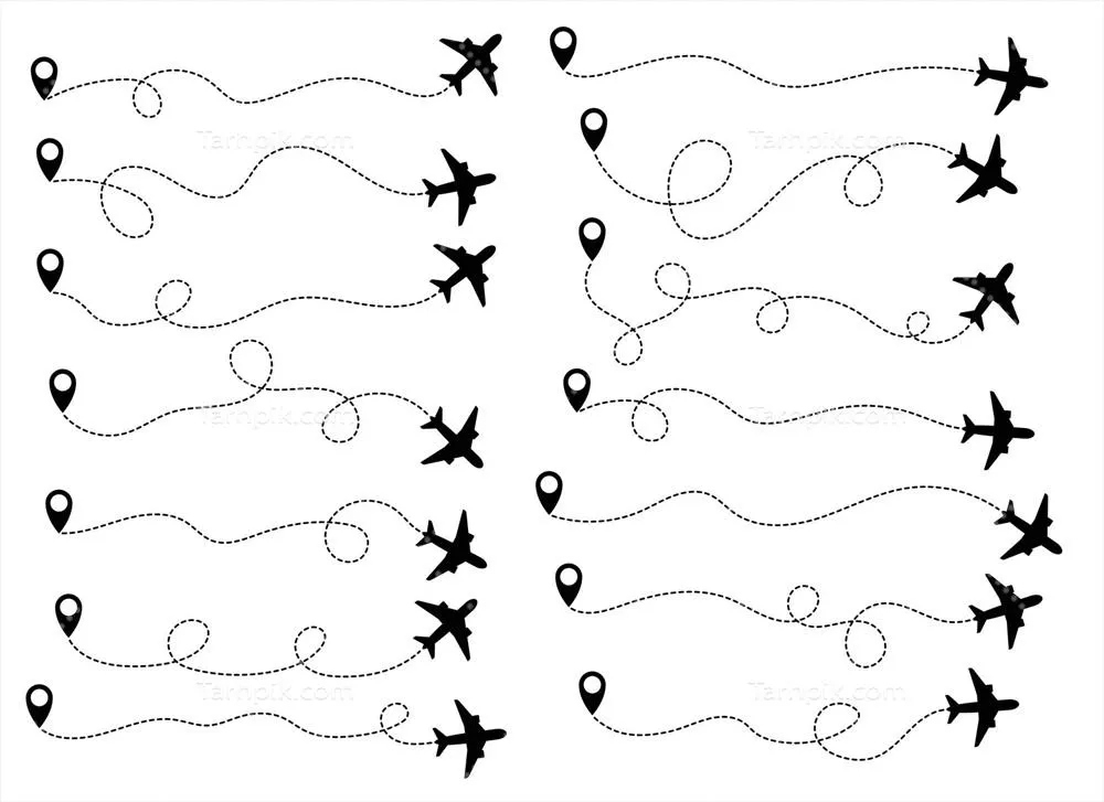 تصویری وکتوری از مسیر سفر هوایی به صورت جداگانه روی پسزمینه سفید