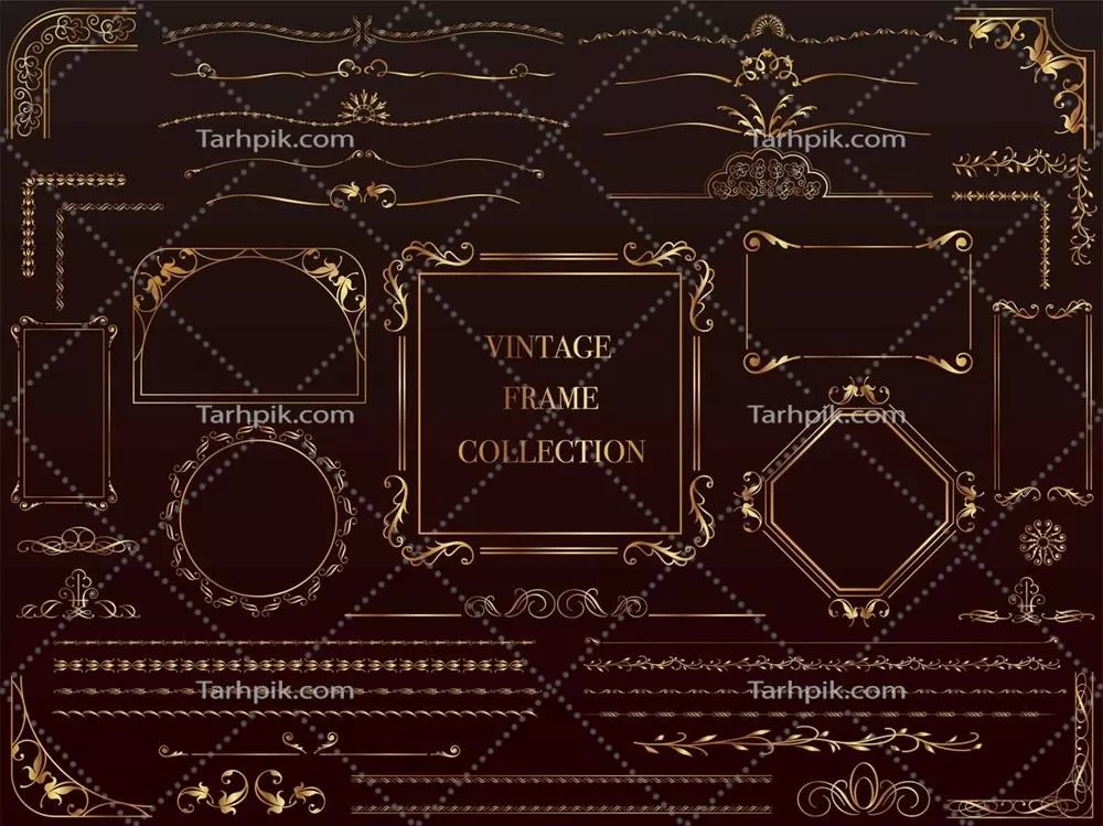 مجموعه‌ای از چارچوب‌های طلایی قدیمی مختلف بر روی پس‌زمینه سیاه - تصویر وکتور
