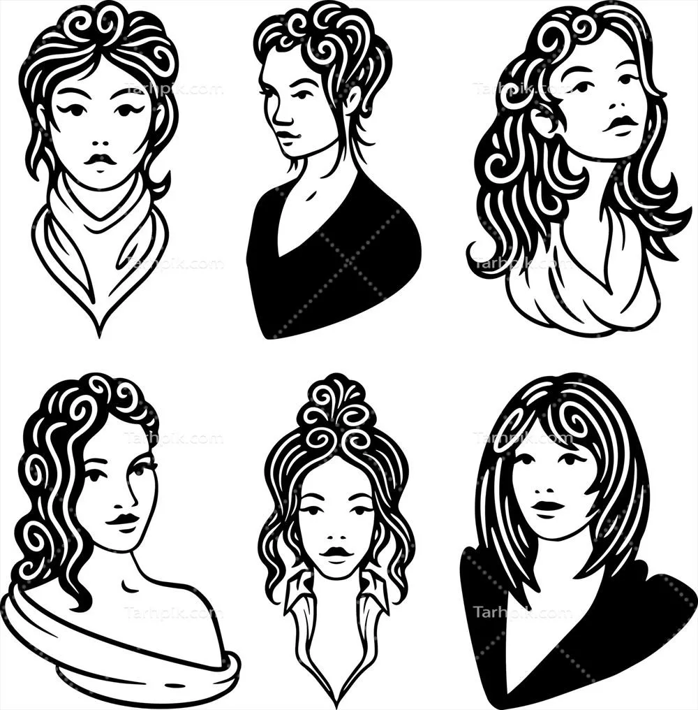 وکتور مجموعهای از پرترههای سیاه و سفید دختران زیبای جوان