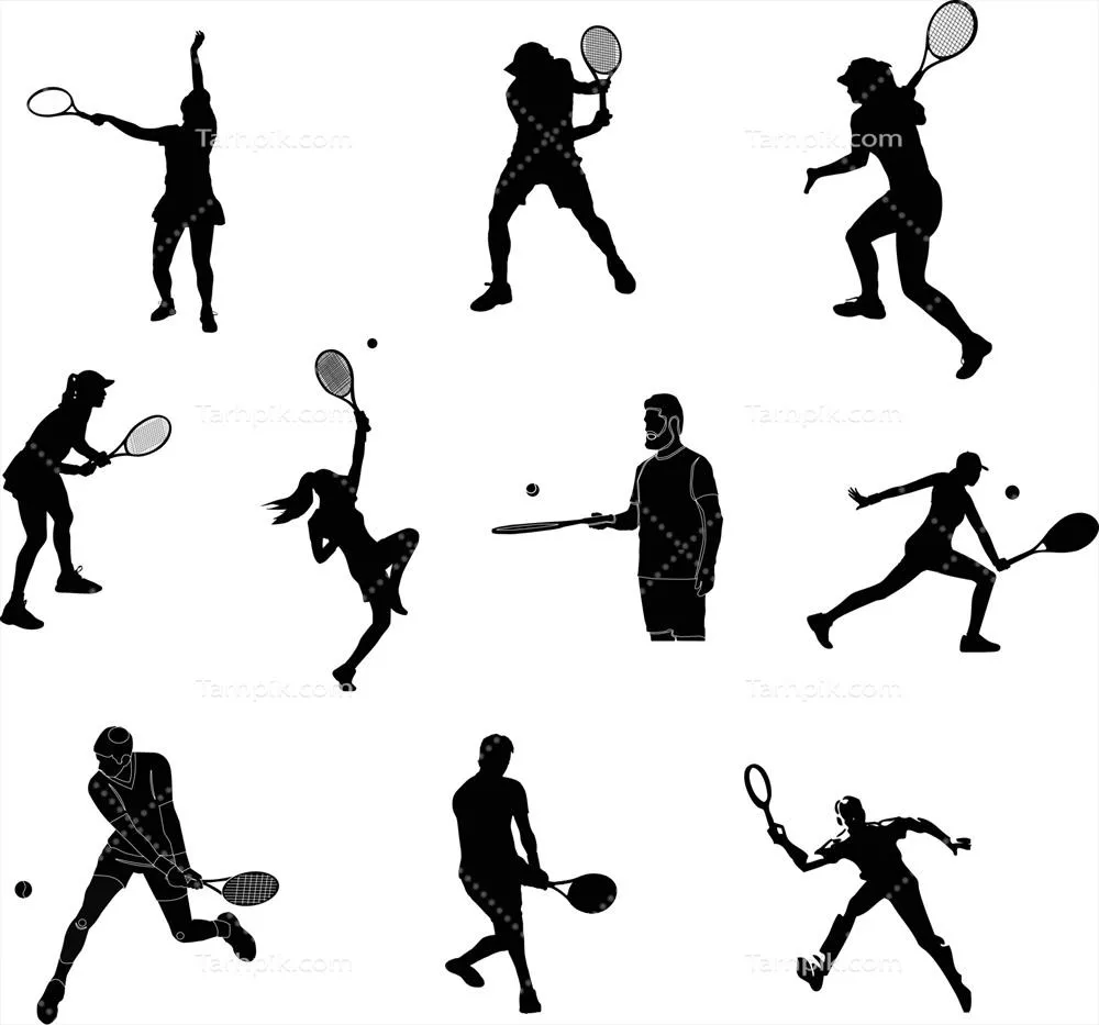 وکتور مجموعهای از سایهنگاریهای بازیکنان تنیس مرد و زن - ورزش و تفریح