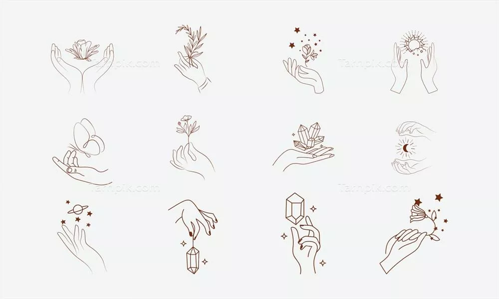 وکتور مجموعه آیکونهای دستان زنان به صورت طراحی خطی مینیمالیستی