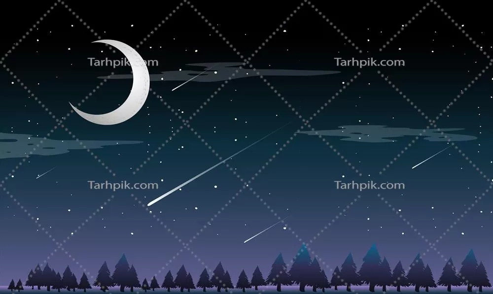 وکتور تصویر زیبا از شهاب سنگ در شب با آسمان پرستاره و ماه