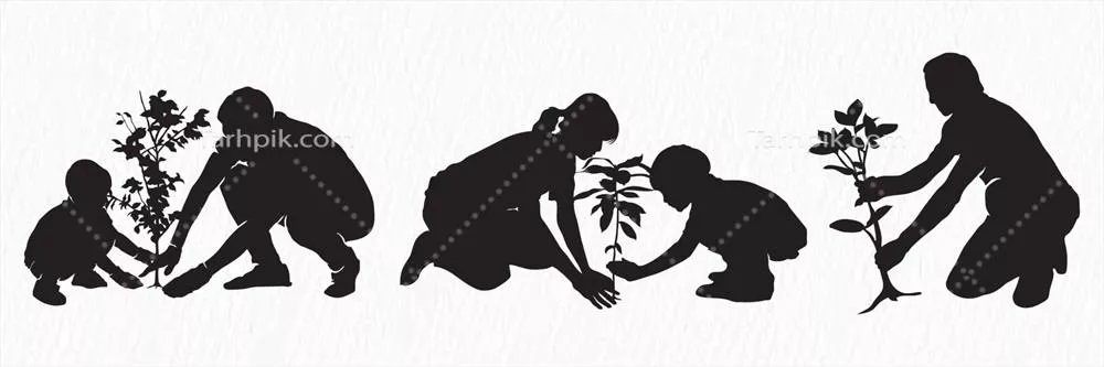 وکتور سایهای از یک خانواده در حال کاشت درخت و حفاظت از محیط زیست