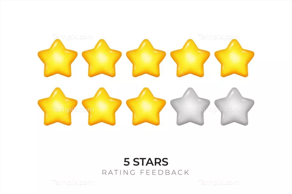 تصویر وکتوری سه بعدی سیستم امتیاز دهی پنج ستاره زرد رنگ بر روی پس زمینه سفید