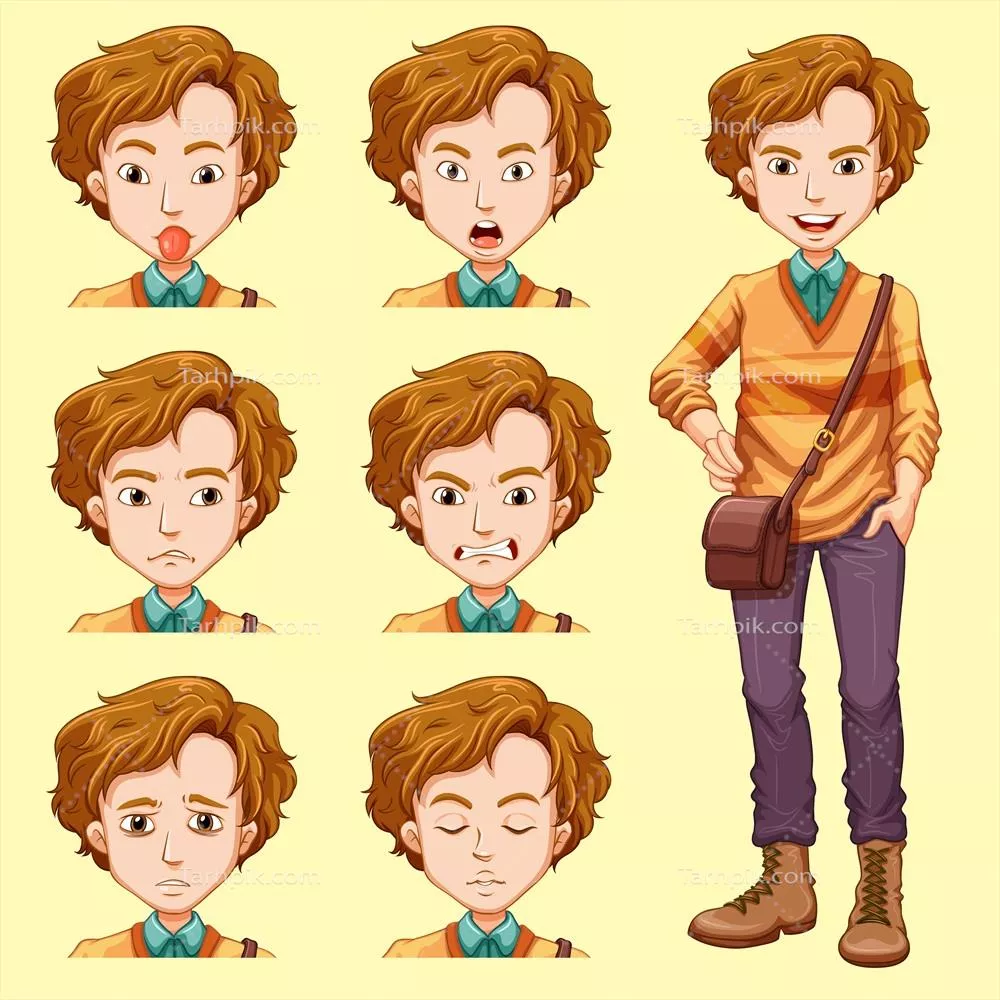 وکتور تصویرسازی از یک مرد جوان با حالت صورت متنوع و جذاب
