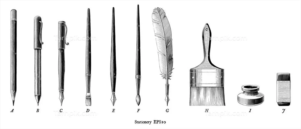 وکتور تصویر حکاکی عتیقه از ست ادوات نوشتاری در سبک وینتیج به رنگ سیاه و سفید