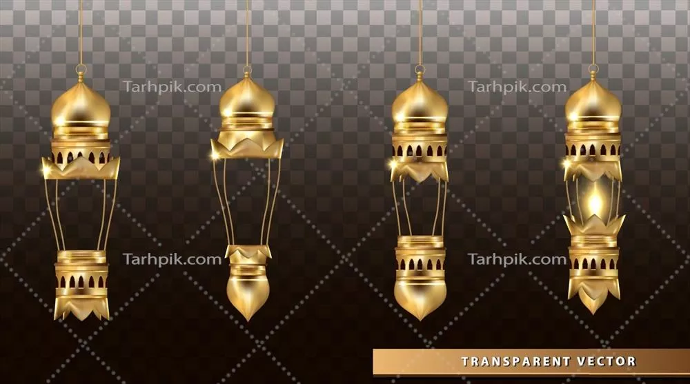وکتور چراغ‌های عربی درخشان و لوسترهای طلایی با طراحی زیبا و خاص