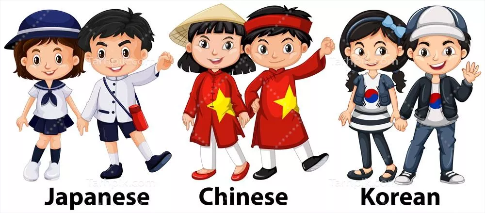 وکتور تصویرسازی از کودکان آسیایی از کشورهای مختلف با فرهنگهای متنوع