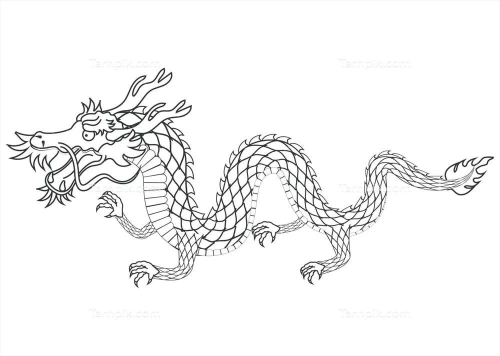 وکتور طراحی نقاشی از موجود افسانه‌ای اژدهای آسیایی با جزئیات زیبا و رنگارنگ