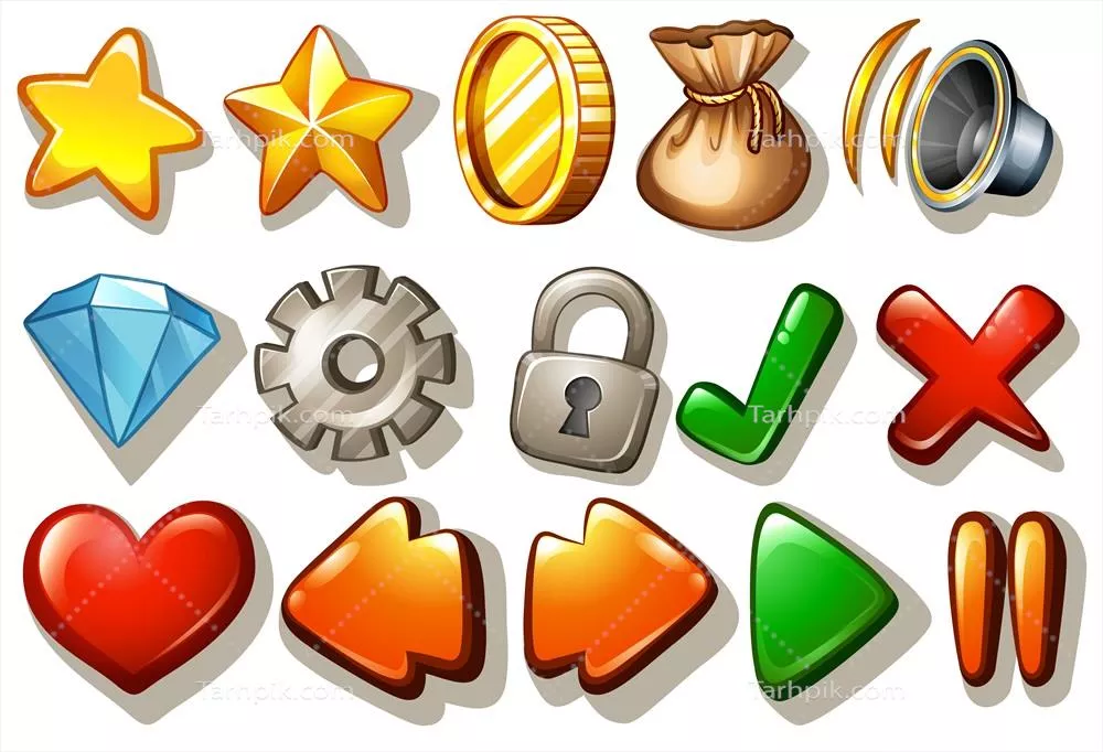 وکتور عناصر طراحی بازی متنوع بر روی پس‌زمینه سفيد برای ایجاد گرافیک جذاب