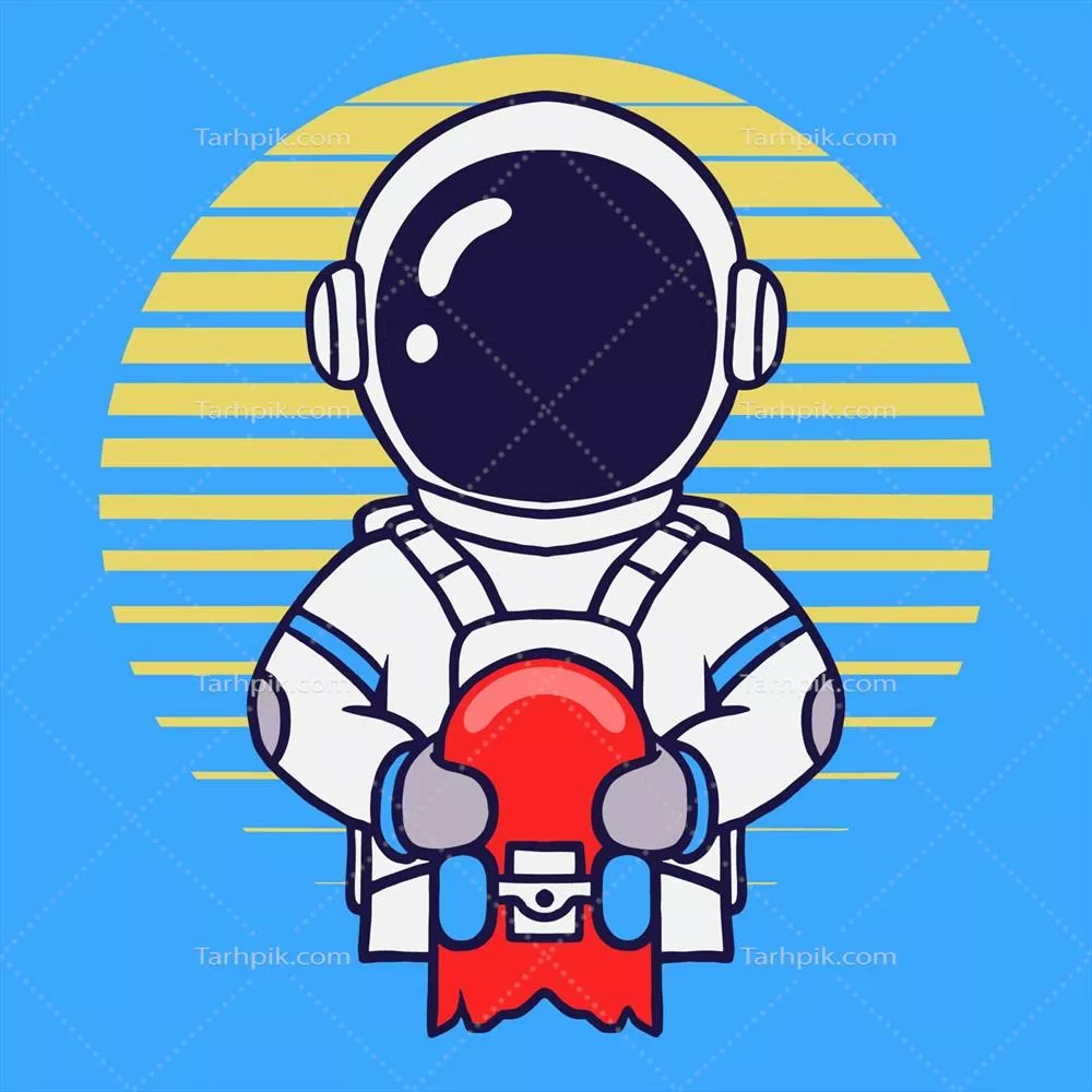 وکتور کاریکاتور فضانورد زیبا و بامزه که با اسکیت بورد در حال حرکت است