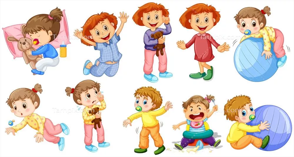 وکتور تصویر بچه دختر و پسر در حال انجام فعالیتهای مختلف و جذاب