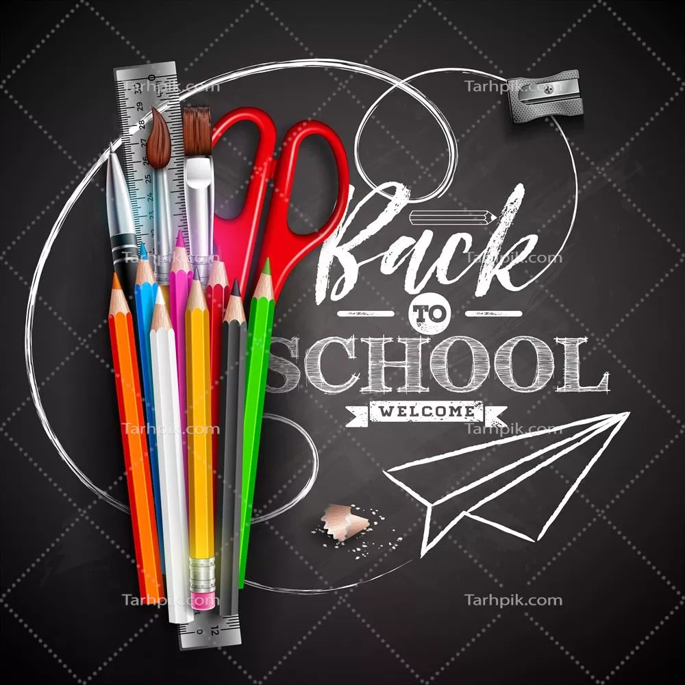 وکتور طراحی بازگشت به مدرسه با مداد رنگی، قیچی، خطکش و حروفچینی روی پسزمینه تختهسیاه