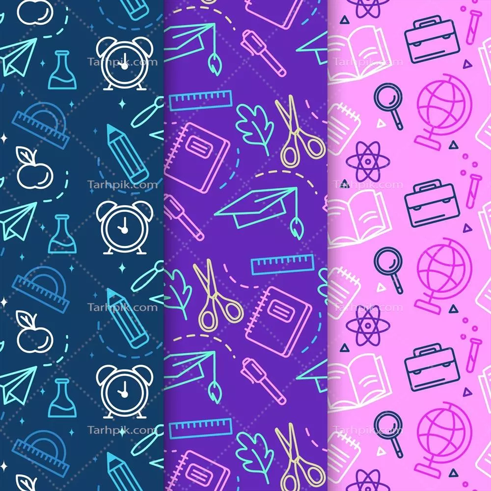 وکتور الگوهای بازگشت به مدرسه با لوازم جانبی خطی برای طراحی و چاپ