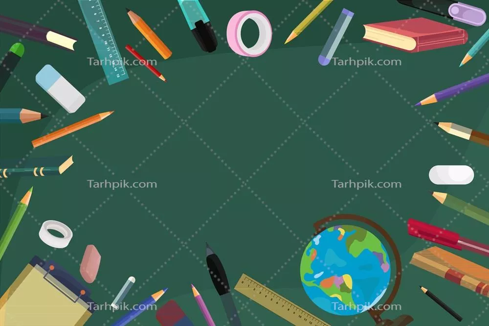 وکتور زمینه کلاس درس با تخته سبز و لوازم تحریر رنگارنگ