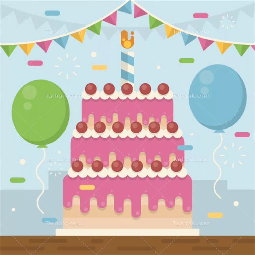 وکتور پسزمینه با تصویر کیک تولد و عناصر تزئینی شاد