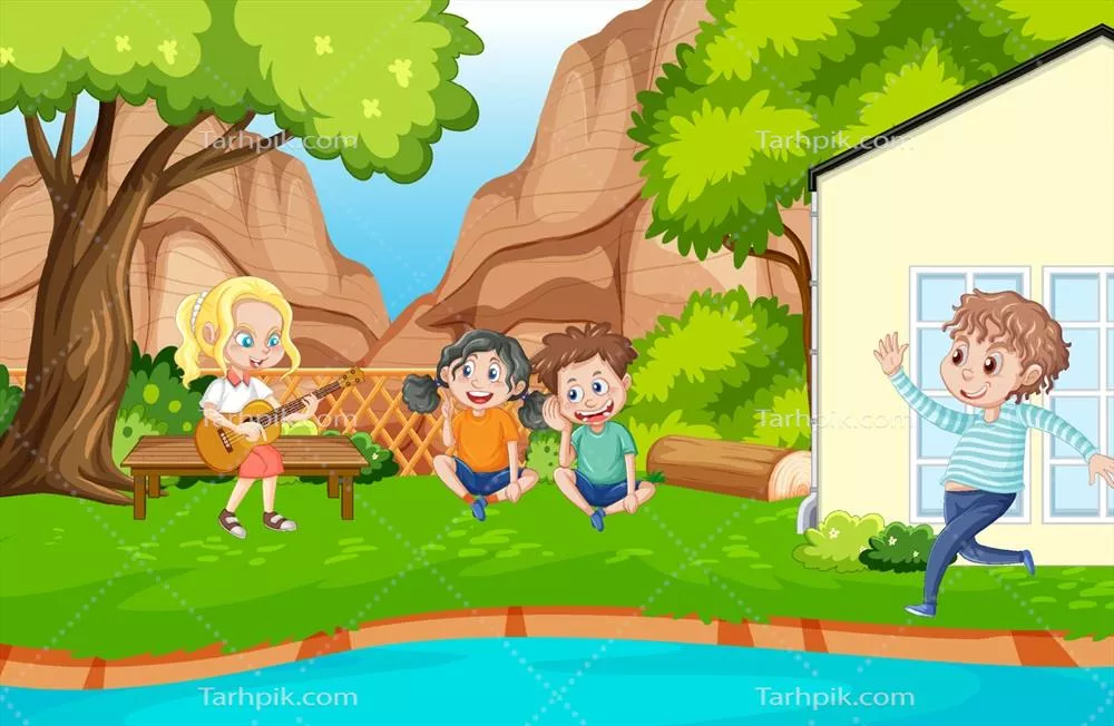 وکتور حیاط پشتی رنگارنگ با کودکان کارتونی در حال بازی و سرگرمی