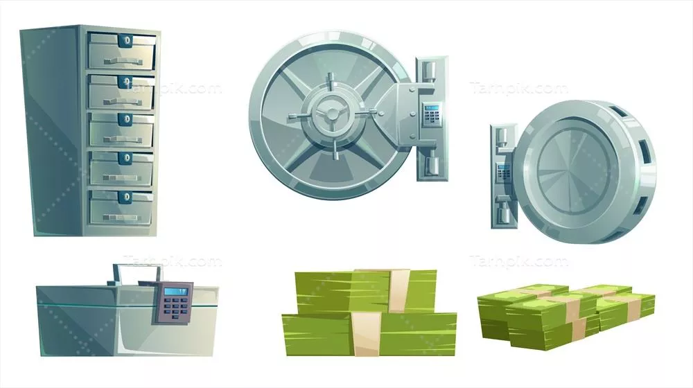 وکتور نقشهای از دربهای امن بانک با سیستم قفل الکترونیکی و وضعیت باز و بسته