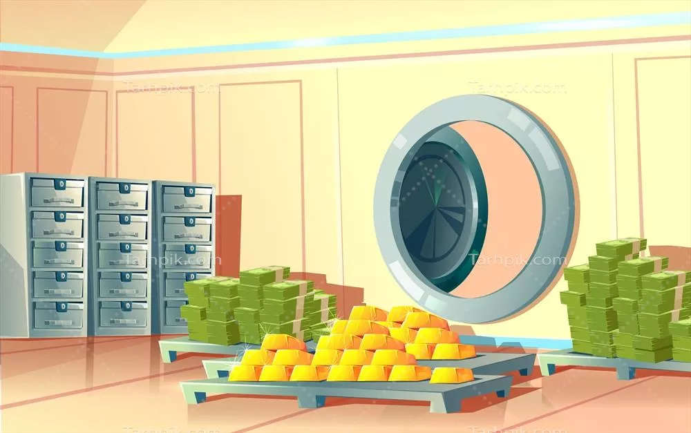 تصویر وکتور درب باز بانک و خزانه فلزی با شمش های طلا