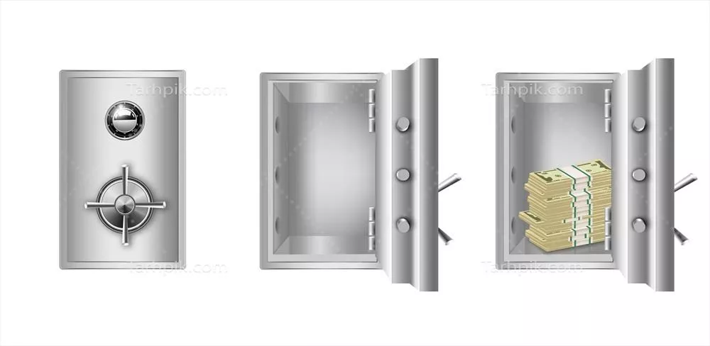 تصویر وکتوری واقع گرایانه از گاوصندوق های بانکی با درهای باز و بسته