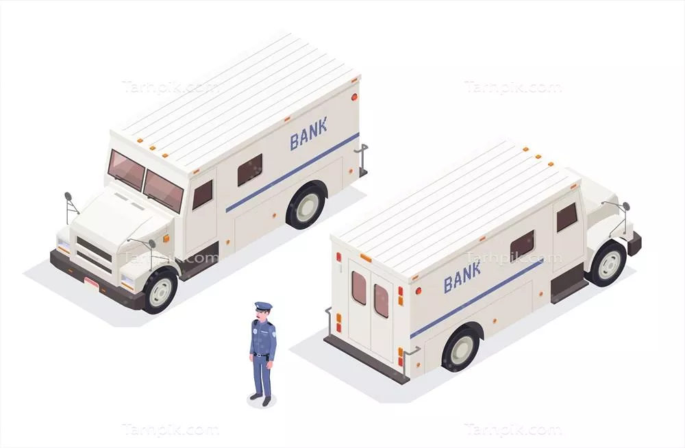 وکتور ترکیب ایزومتریک بانک و مالی با تصاویر مستقل از خودروهای ون نقدی