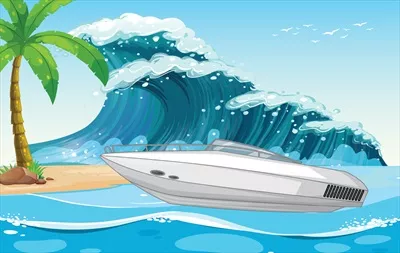 وکتور ساحل زیبا با قایق تندرو در حال حرکت بر روی امواج دریا