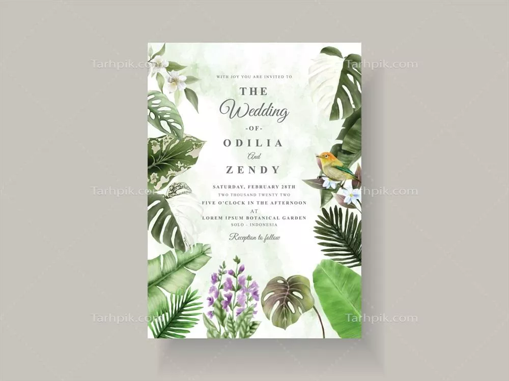 وکتور دعوتنامه عروسی استوایی با طراحی زیبا و گلهای خوش رنگ و لعاب