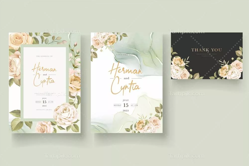 ست کارت دعوت عروسی با طراحی دستکشیده گلهای زیبا و وکتور