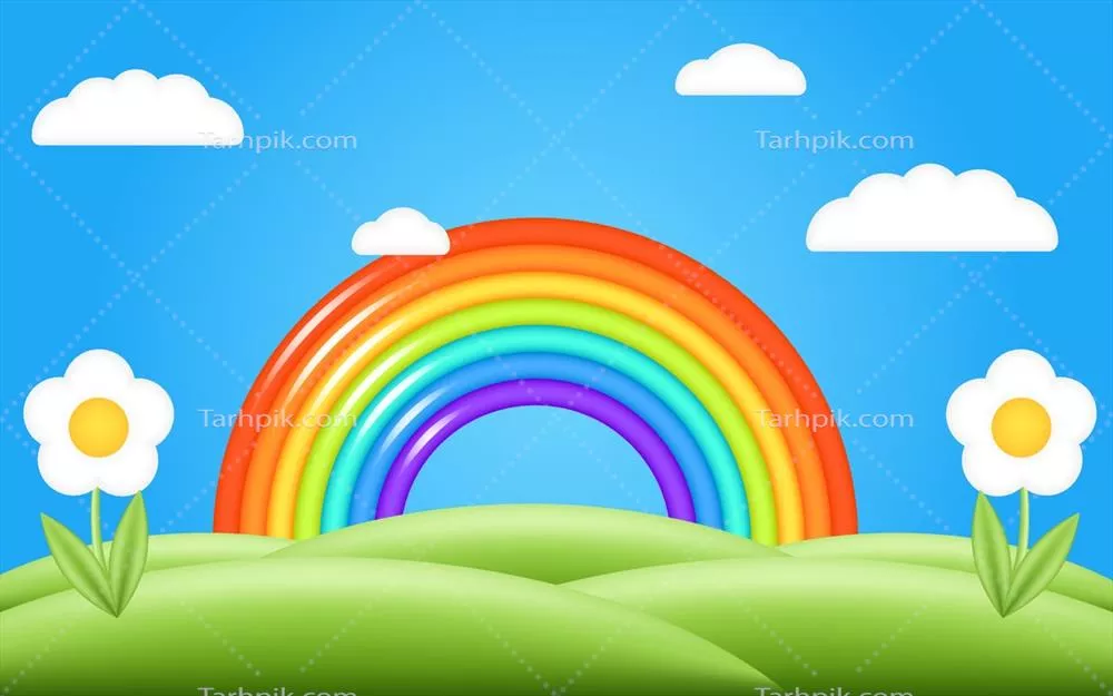 وکتور منظره زیبا از بهار: ابرهای سهبعدی در آسمان آبی و طبیعت سرسبز