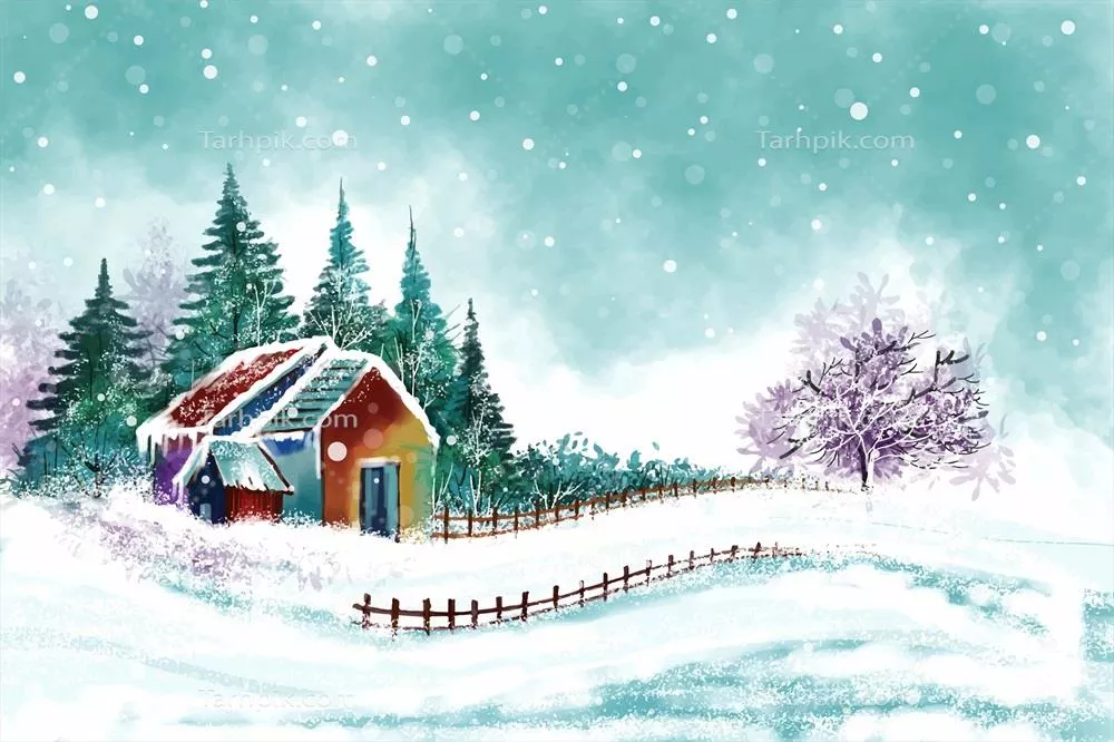 وکتور کارت پستال زیبا از منظره زمستانی با خانه و برف برای کریسمس